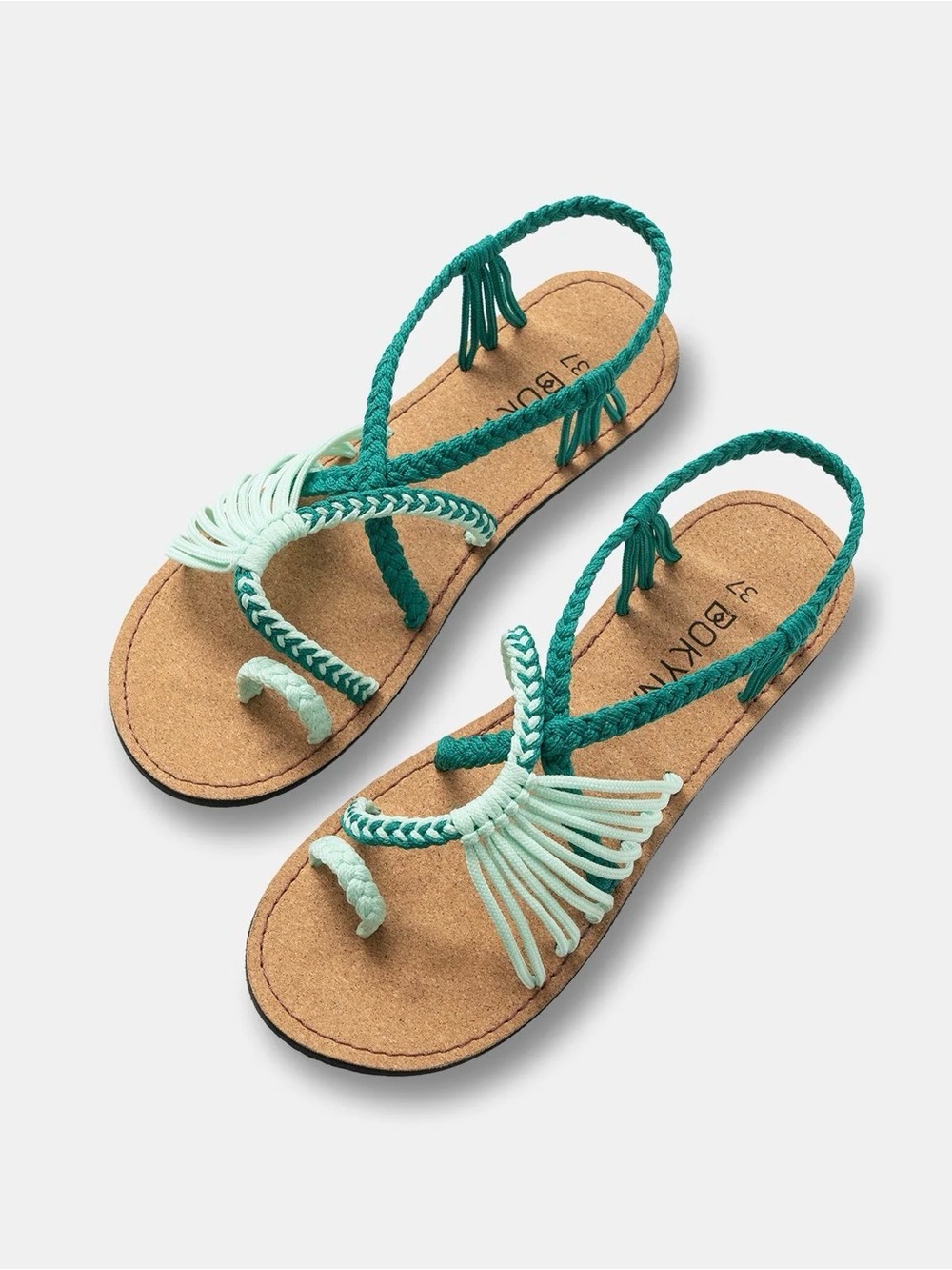 BOKINA Barefoot Touch Mint Braided Fringe Slingback Sandals in Teal and Mint